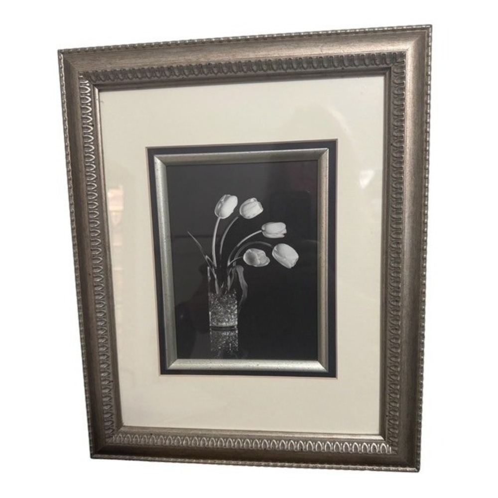 Silver Tone Framed Wall Art Black White Tulip Floral Print 17" x 13.5"